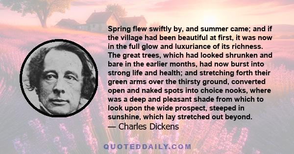 Spring flew swiftly by, and summer came; and if the village had been beautiful at first, it was now in the full glow and luxuriance of its richness. The great trees, which had looked shrunken and bare in the earlier