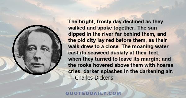 The bright, frosty day declined as they walked and spoke together. The sun dipped in the river far behind them, and the old city lay red before them, as their walk drew to a close. The moaning water cast its seaweed