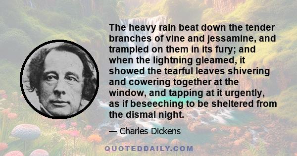 The heavy rain beat down the tender branches of vine and jessamine, and trampled on them in its fury; and when the lightning gleamed, it showed the tearful leaves shivering and cowering together at the window, and