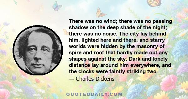 There was no wind; there was no passing shadow on the deep shade of the night; there was no noise. The city lay behind him, lighted here and there, and starry worlds were hidden by the masonry of spire and roof that