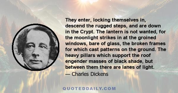 They enter, locking themselves in, descend the rugged steps, and are down in the Crypt. The lantern is not wanted, for the moonlight strikes in at the groined windows, bare of glass, the broken frames for which cast