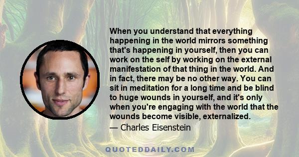 When you understand that everything happening in the world mirrors something that's happening in yourself, then you can work on the self by working on the external manifestation of that thing in the world. And in fact,