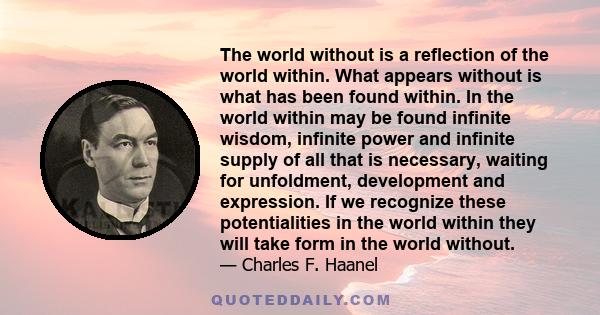 The world without is a reflection of the world within. What appears without is what has been found within. In the world within may be found infinite wisdom, infinite power and infinite supply of all that is necessary,