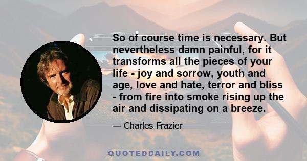 So of course time is necessary. But nevertheless damn painful, for it transforms all the pieces of your life - joy and sorrow, youth and age, love and hate, terror and bliss - from fire into smoke rising up the air and