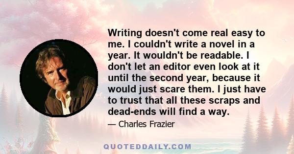 Writing doesn't come real easy to me. I couldn't write a novel in a year. It wouldn't be readable. I don't let an editor even look at it until the second year, because it would just scare them. I just have to trust that 