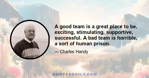 A good team is a great place to be, exciting, stimulating, supportive, successful. A bad team is horrible, a sort of human prison.