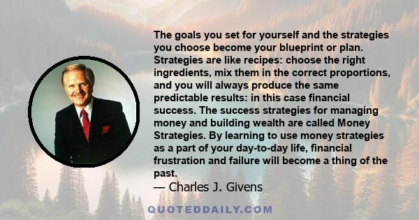 The goals you set for yourself and the strategies you choose become your blueprint or plan. Strategies are like recipes: choose the right ingredients, mix them in the correct proportions, and you will always produce the 