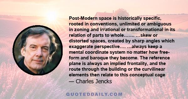 Post-Modern space is historically specific, rooted in conventions, unlimited or ambiguous in zoning and irrational or transformational in its relation of parts to whole……. …skew or distorted spaces, created by sharp