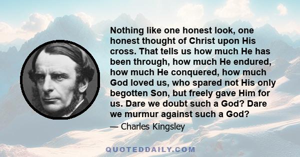 Nothing like one honest look, one honest thought of Christ upon His cross. That tells us how much He has been through, how much He endured, how much He conquered, how much God loved us, who spared not His only begotten