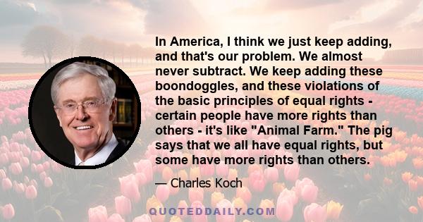 In America, I think we just keep adding, and that's our problem. We almost never subtract. We keep adding these boondoggles, and these violations of the basic principles of equal rights - certain people have more rights 