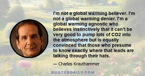 I'm not a global warming believer. I'm not a global warming denier. I'm a global warming agnostic who believes instinctively that it can't be very good to pump lots of CO2 into the atmosphere but is equally convinced