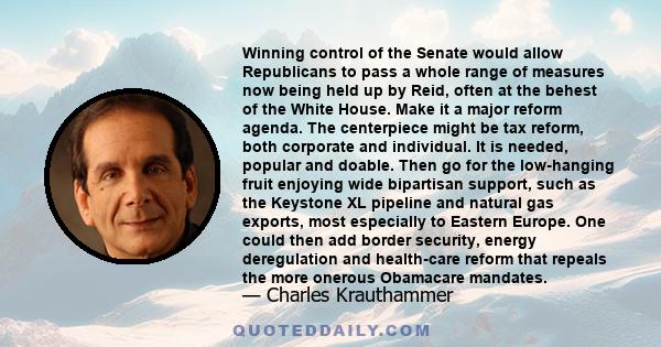 Winning control of the Senate would allow Republicans to pass a whole range of measures now being held up by Reid, often at the behest of the White House. Make it a major reform agenda. The centerpiece might be tax