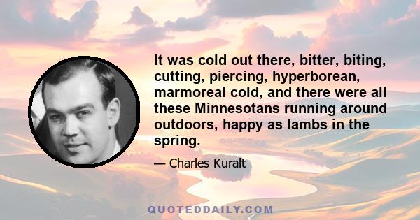 It was cold out there, bitter, biting, cutting, piercing, hyperborean, marmoreal cold, and there were all these Minnesotans running around outdoors, happy as lambs in the spring.