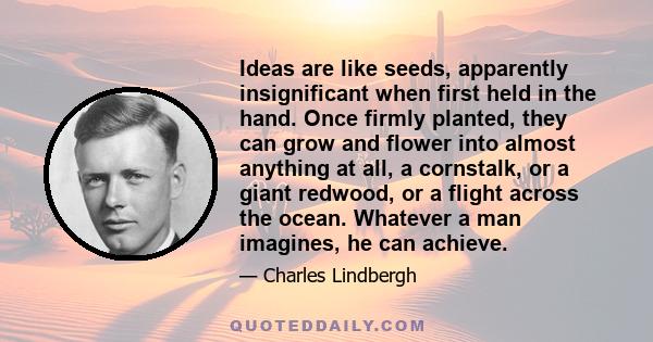 Ideas are like seeds, apparently insignificant when first held in the hand. Once firmly planted, they can grow and flower into almost anything at all, a cornstalk, or a giant redwood, or a flight across the ocean.