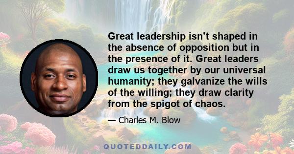 Great leadership isn’t shaped in the absence of opposition but in the presence of it. Great leaders draw us together by our universal humanity; they galvanize the wills of the willing; they draw clarity from the spigot