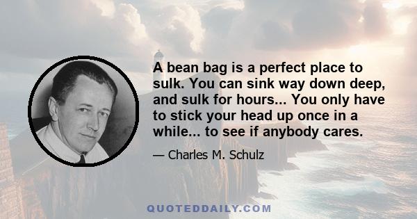 A bean bag is a perfect place to sulk. You can sink way down deep, and sulk for hours... You only have to stick your head up once in a while... to see if anybody cares.