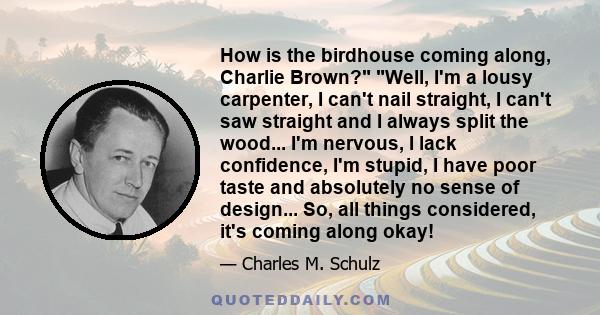 How is the birdhouse coming along, Charlie Brown? Well, I'm a lousy carpenter, I can't nail straight, I can't saw straight and I always split the wood... I'm nervous, I lack confidence, I'm stupid, I have poor taste and 