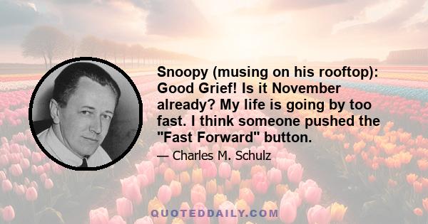 Snoopy (musing on his rooftop): Good Grief! Is it November already? My life is going by too fast. I think someone pushed the Fast Forward button.