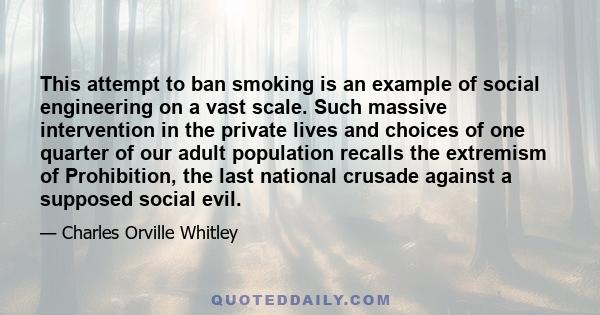 This attempt to ban smoking is an example of social engineering on a vast scale. Such massive intervention in the private lives and choices of one quarter of our adult population recalls the extremism of Prohibition,