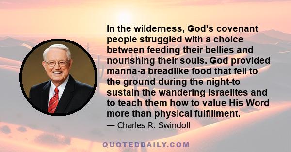 In the wilderness, God's covenant people struggled with a choice between feeding their bellies and nourishing their souls. God provided manna-a breadlike food that fell to the ground during the night-to sustain the