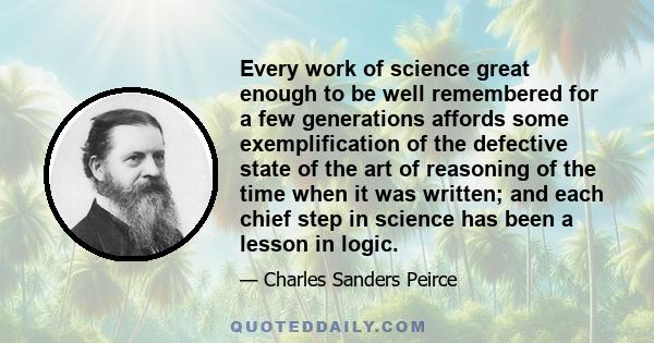 Every work of science great enough to be well remembered for a few generations affords some exemplification of the defective state of the art of reasoning of the time when it was written; and each chief step in science