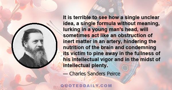 It is terrible to see how a single unclear idea, a single formula without meaning, lurking in a young man's head, will sometimes act like an obstruction of inert matter in an artery, hindering the nutrition of the brain 