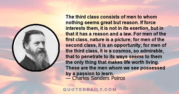 The third class consists of men to whom nothing seems great but reason. If force interests them, it is not in its exertion, but in that it has a reason and a law. For men of the first class, nature is a picture; for men 