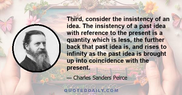 Third, consider the insistency of an idea. The insistency of a past idea with reference to the present is a quantity which is less, the further back that past idea is, and rises to infinity as the past idea is brought