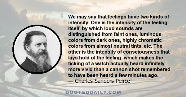 We may say that feelings have two kinds of intensity. One is the intensity of the feeling itself, by which loud sounds are distinguished from faint ones, luminous colors from dark ones, highly chromatic colors from