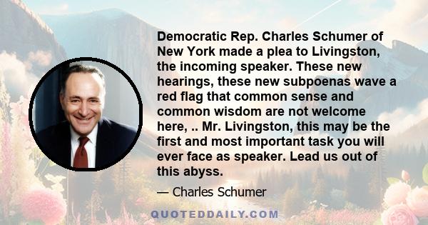 Democratic Rep. Charles Schumer of New York made a plea to Livingston, the incoming speaker. These new hearings, these new subpoenas wave a red flag that common sense and common wisdom are not welcome here, .. Mr.