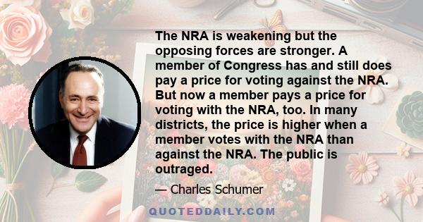 The NRA is weakening but the opposing forces are stronger. A member of Congress has and still does pay a price for voting against the NRA. But now a member pays a price for voting with the NRA, too. In many districts,