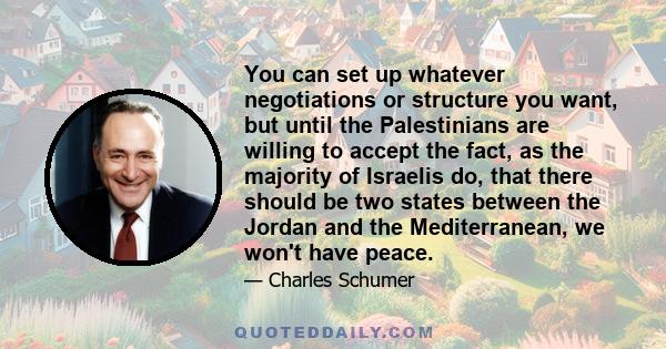 You can set up whatever negotiations or structure you want, but until the Palestinians are willing to accept the fact, as the majority of Israelis do, that there should be two states between the Jordan and the