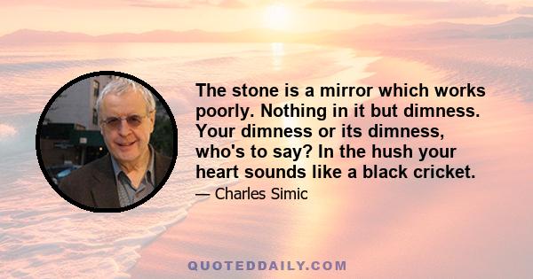 The stone is a mirror which works poorly. Nothing in it but dimness. Your dimness or its dimness, who's to say? In the hush your heart sounds like a black cricket.