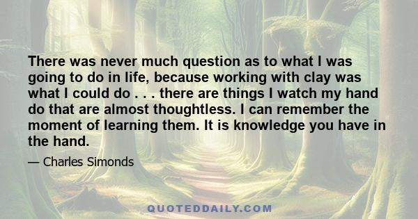 There was never much question as to what I was going to do in life, because working with clay was what I could do . . . there are things I watch my hand do that are almost thoughtless. I can remember the moment of