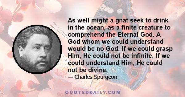 As well might a gnat seek to drink in the ocean, as a finite creature to comprehend the Eternal God. A God whom we could understand would be no God. If we could grasp Him, He could not be infinite. If we could