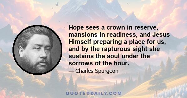 Hope sees a crown in reserve, mansions in readiness, and Jesus Himself preparing a place for us, and by the rapturous sight she sustains the soul under the sorrows of the hour.