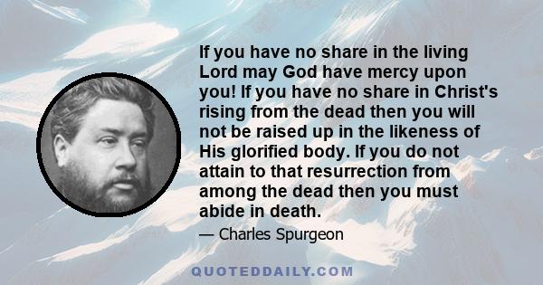 If you have no share in the living Lord may God have mercy upon you! If you have no share in Christ's rising from the dead then you will not be raised up in the likeness of His glorified body. If you do not attain to