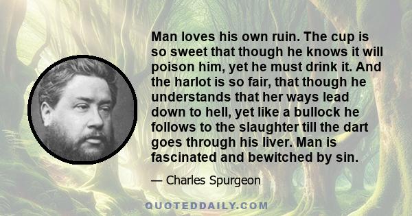 Man loves his own ruin. The cup is so sweet that though he knows it will poison him, yet he must drink it. And the harlot is so fair, that though he understands that her ways lead down to hell, yet like a bullock he