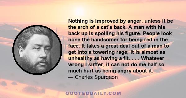 Nothing is improved by anger, unless it be the arch of a cat's back. A man with his back up is spoiling his figure. People look none the handsomer for being red in the face. It takes a great deal out of a man to get