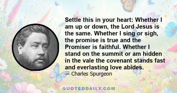 Settle this in your heart: Whether I am up or down, the Lord Jesus is the same. Whether I sing or sigh, the promise is true and the Promiser is faithful. Whether I stand on the summit or am hidden in the vale the