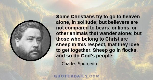 Some Christians try to go to heaven alone, in solitude; but believers are not compared to bears, or lions, or other animals that wander alone; but those who belong to Christ are sheep in this respect, that they love to