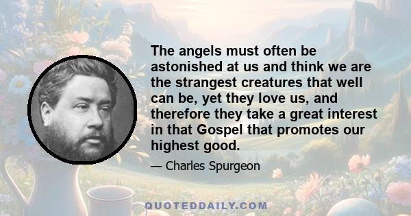 The angels must often be astonished at us and think we are the strangest creatures that well can be, yet they love us, and therefore they take a great interest in that Gospel that promotes our highest good.