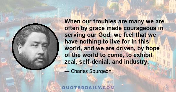 When our troubles are many we are often by grace made courageous in serving our God; we feel that we have nothing to live for in this world, and we are driven, by hope of the world to come, to exhibit zeal, self-denial, 