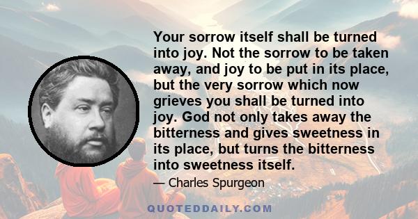 Your sorrow itself shall be turned into joy. Not the sorrow to be taken away, and joy to be put in its place, but the very sorrow which now grieves you shall be turned into joy. God not only takes away the bitterness