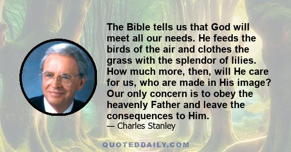 The Bible tells us that God will meet all our needs. He feeds the birds of the air and clothes the grass with the splendor of lilies. How much more, then, will He care for us, who are made in His image? Our only concern 