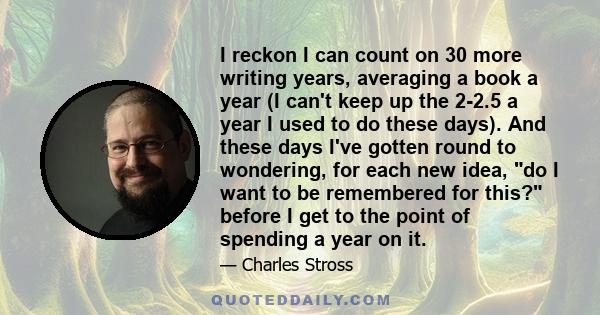 I reckon I can count on 30 more writing years, averaging a book a year (I can't keep up the 2-2.5 a year I used to do these days). And these days I've gotten round to wondering, for each new idea, do I want to be