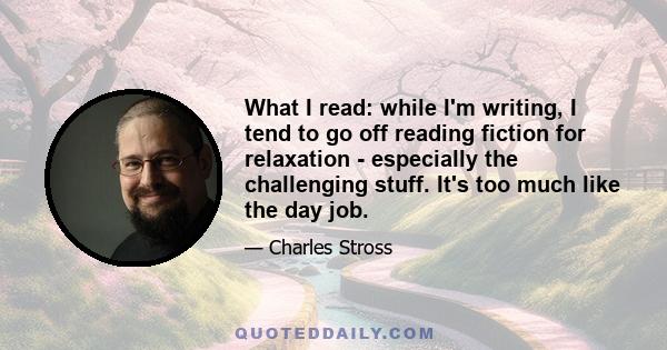 What I read: while I'm writing, I tend to go off reading fiction for relaxation - especially the challenging stuff. It's too much like the day job.