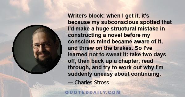 Writers block: when I get it, it's because my subconscious spotted that I'd make a huge structural mistake in constructing a novel before my conscious mind became aware of it, and threw on the brakes. So I've learned