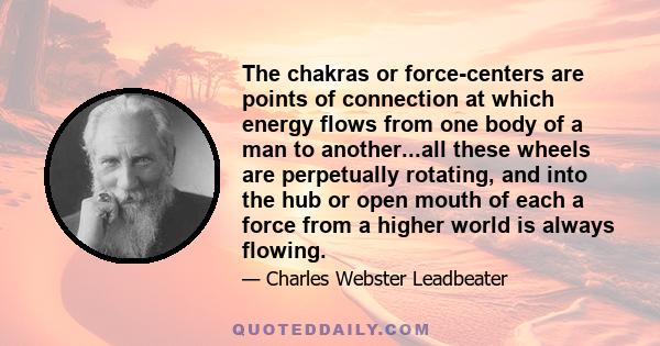 The chakras or force-centers are points of connection at which energy flows from one body of a man to another...all these wheels are perpetually rotating, and into the hub or open mouth of each a force from a higher