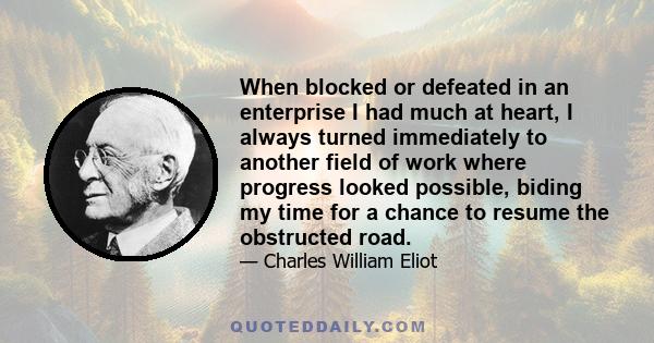 When blocked or defeated in an enterprise I had much at heart, I always turned immediately to another field of work where progress looked possible, biding my time for a chance to resume the obstructed road.